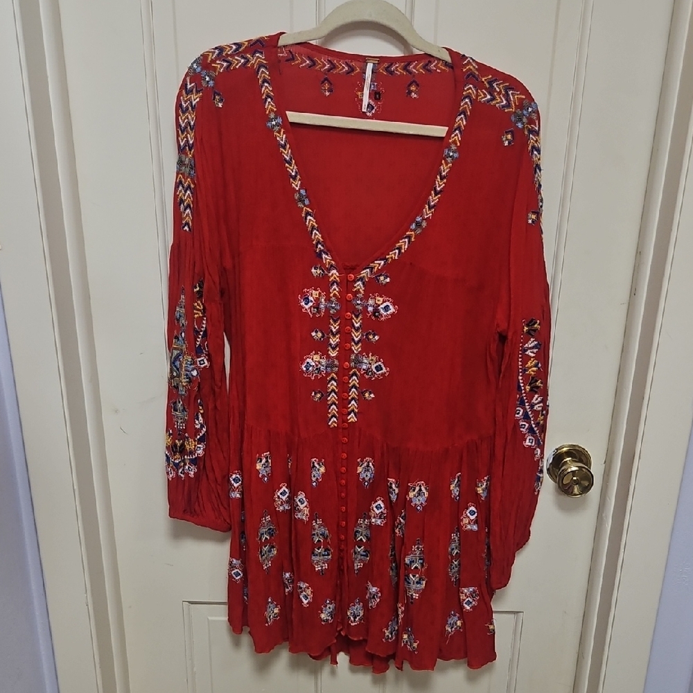 Free People Red Button Down Gauze  Embroidered dress